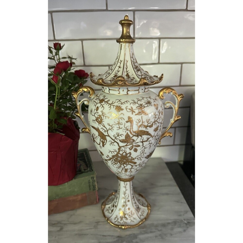 Ardalt Japan Lidded Urn Covered Candy Dish Gold Bird Porcelain Ginger Jar  Urn